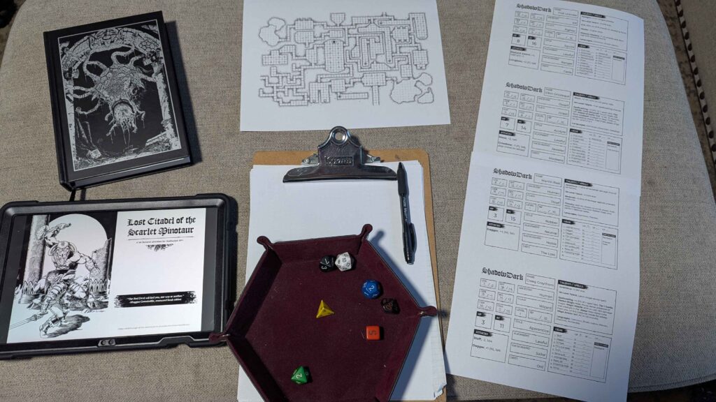 Setting up for SoloDark with the Lost Citadel of the Scarlet Minotaur dungeon and pregens from the free-to-download ShadowDark Quickstart Rules.